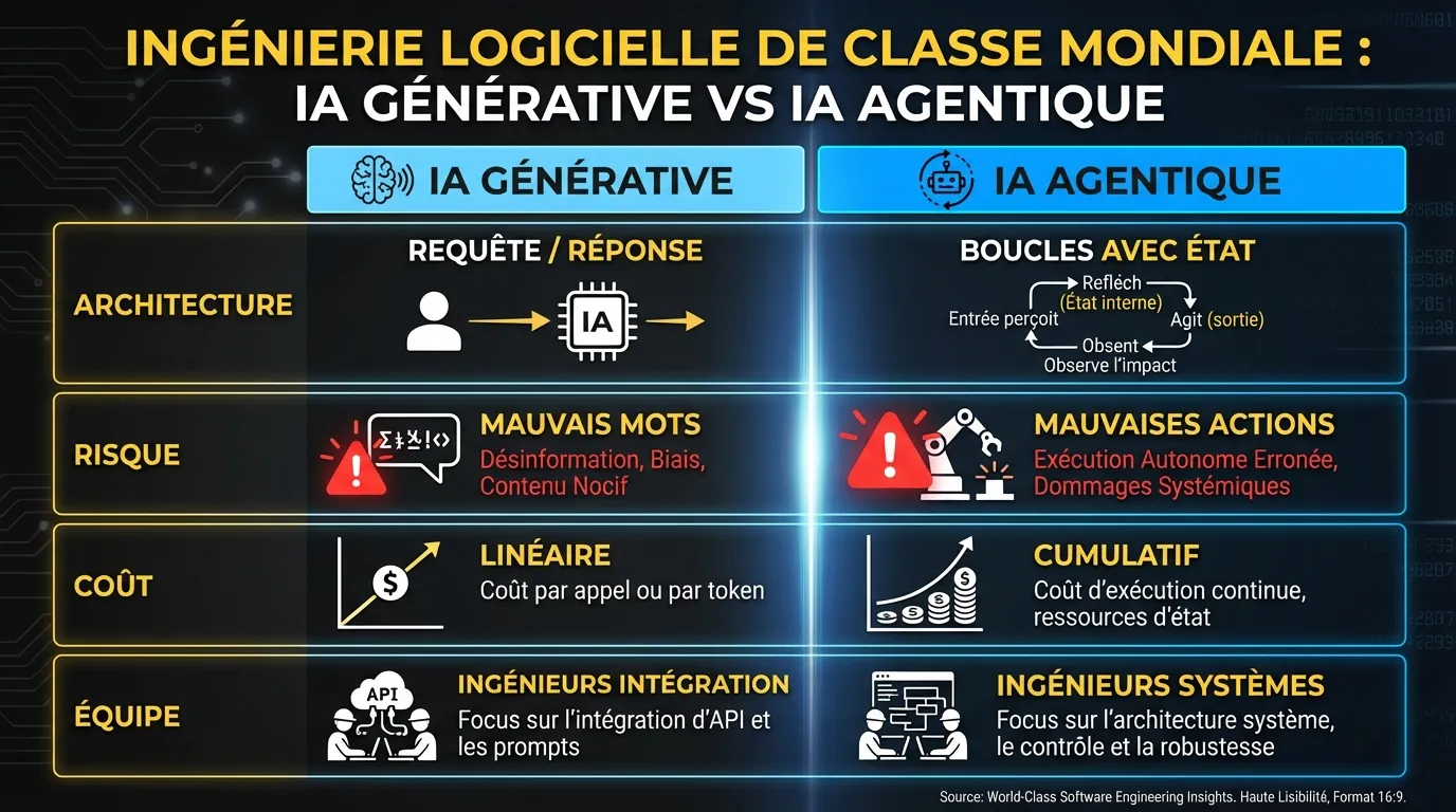 Comparaison côte-à-côte de l’IA générative vs l’IA agentique sur quatre dimensions : architecture, risque, modèle de coût et exigences d’équipe