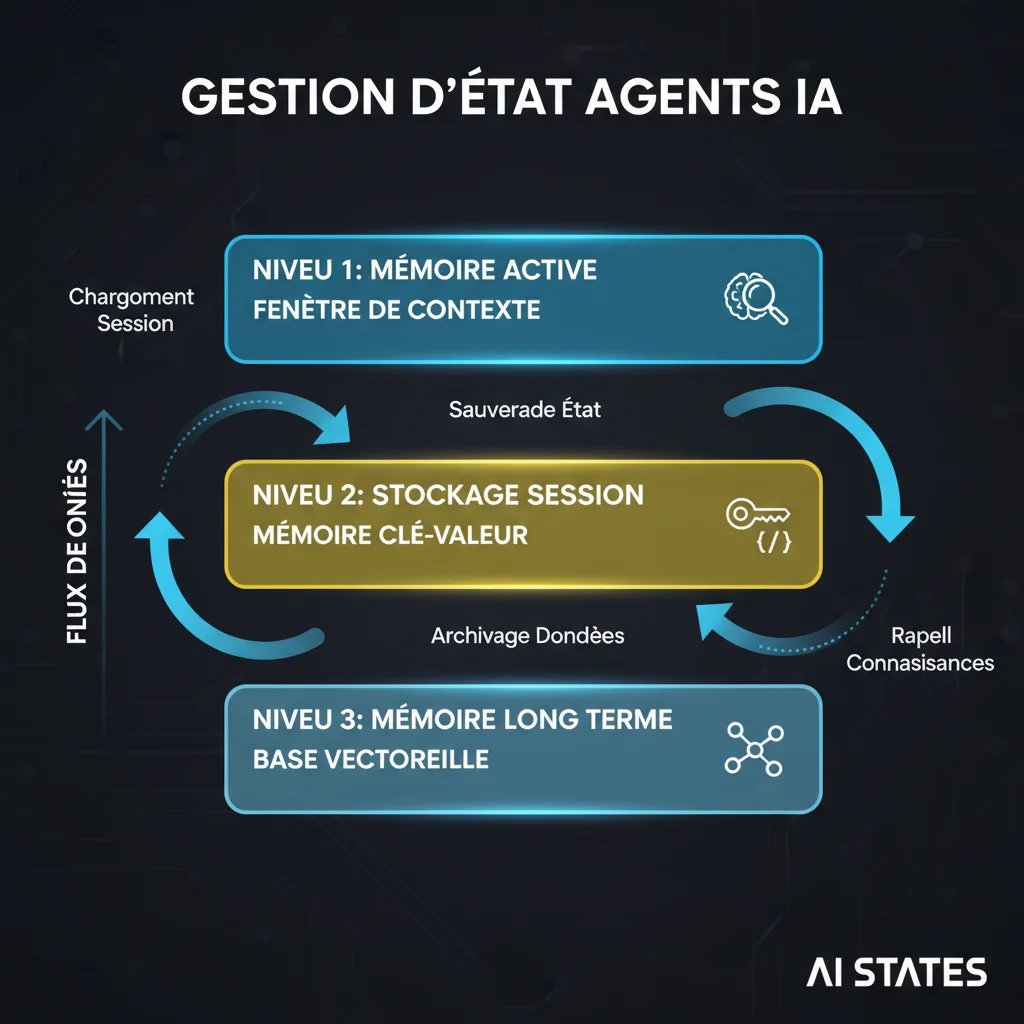 Architecture de gestion d’état en niveaux : mémoire active dans la fenêtre de contexte, stockage de session en base clé-valeur, mémoire long terme dans une base vectorielle