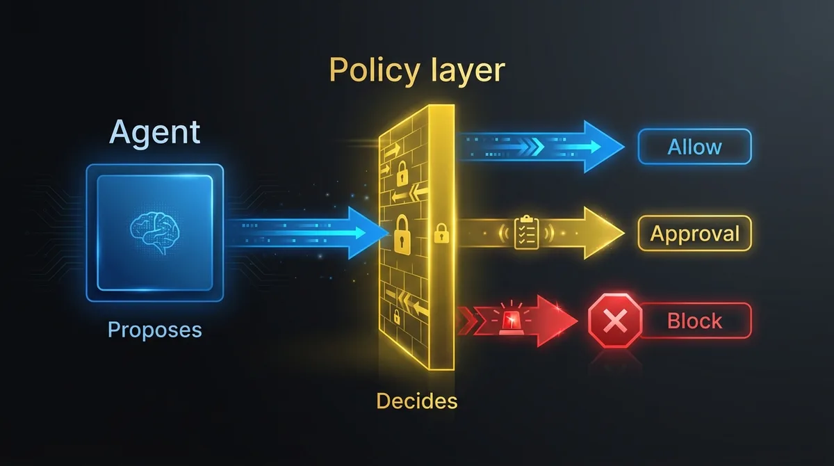 Policy enforcement point between an AI agent and its tools: the model proposes a call, the policy layer checks identity, scope, parameters and rate limits, then allows, blocks or sends it for approval
