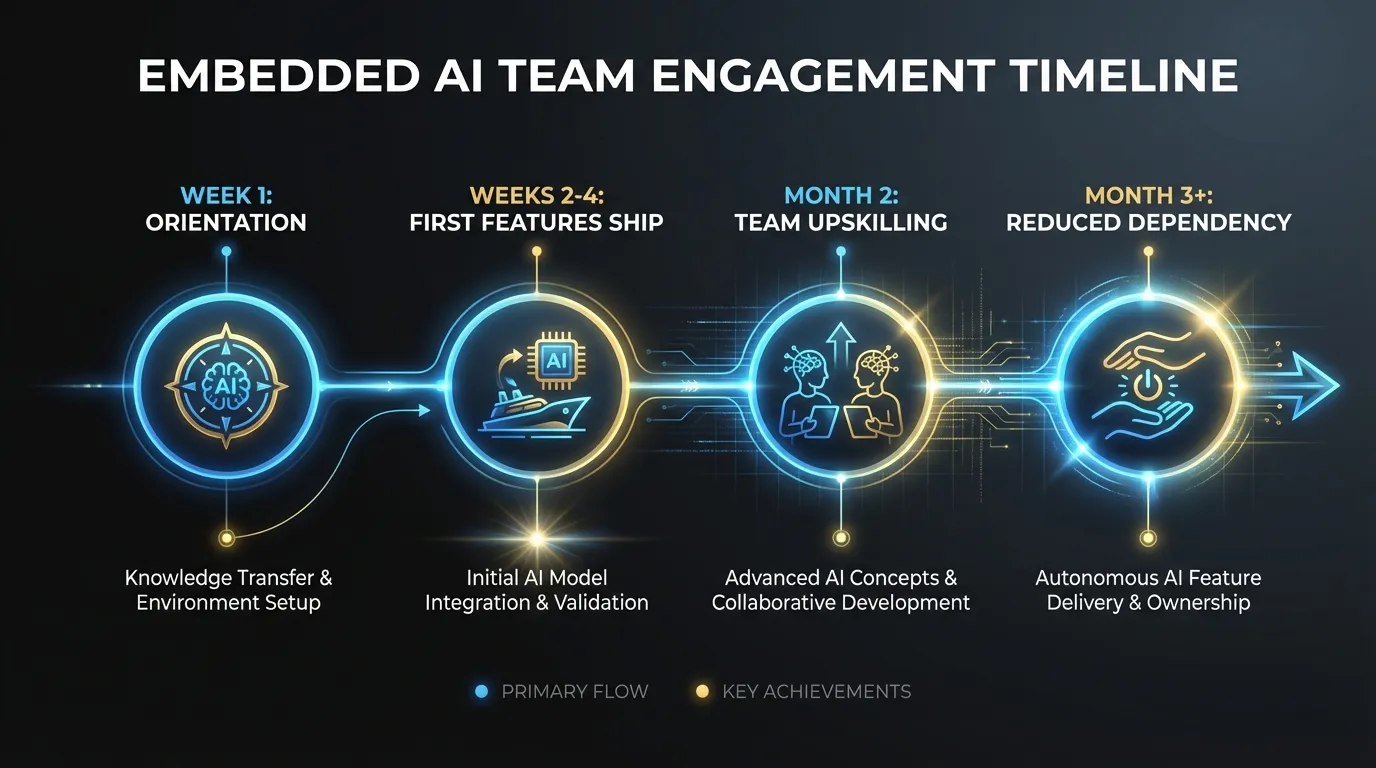 How the embedded AI team engagement timeline progresses from orientation through production shipping