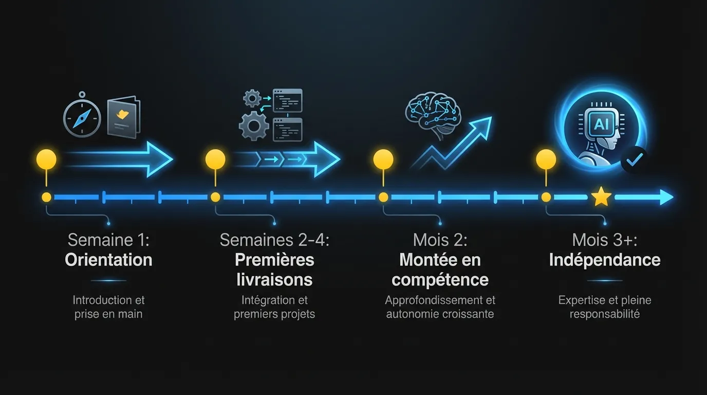 Progression du calendrier d’intégration de l’équipe IA de l’orientation jusqu’à la livraison en production