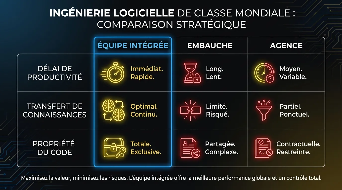 Comparaison des équipes IA intégrées versus embauche versus agences sur les dimensions clés : délai de productivité, transfert de connaissances et propriété du code