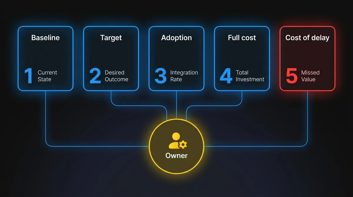 The five numbers of an AI economic hypothesis, baseline, target, adoption, full cost and cost of delay, all tied to one named owner