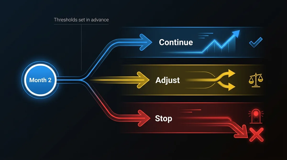 First-milestone scorecard with three outcomes, continue, adjust or stop, using thresholds agreed before the rollout starts