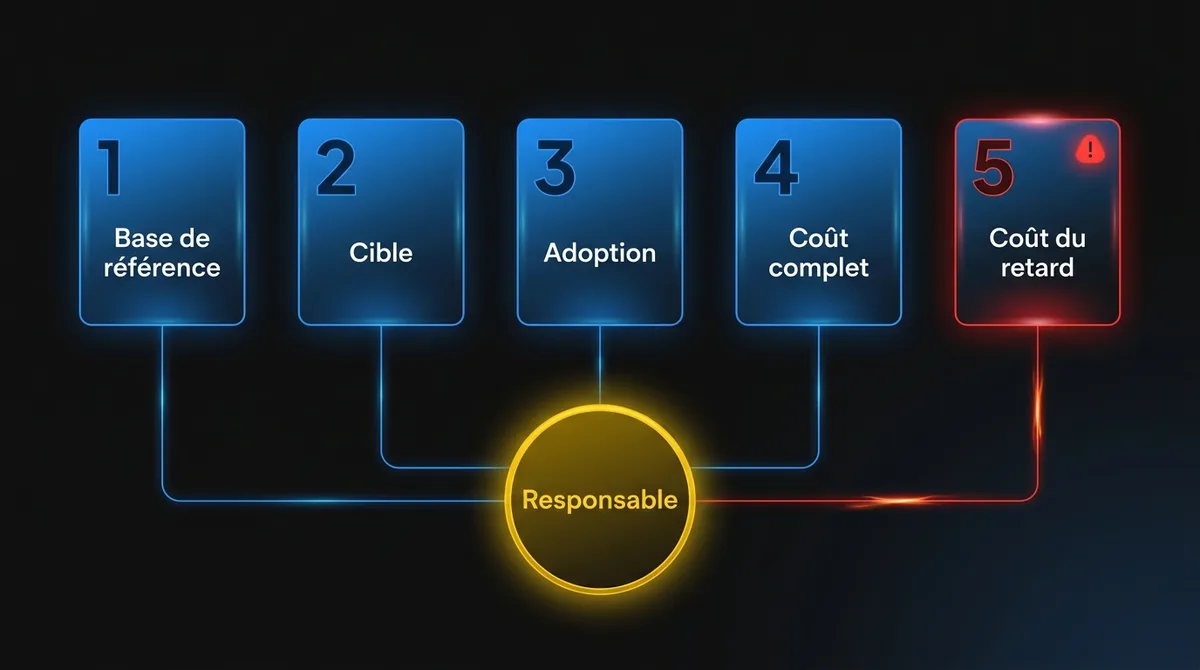 Diagramme montrant les cinq chiffres d’une hypothèse économique IA, base de référence, cible, adoption, coût complet et coût du retard, tous rattachés à un responsable nommé