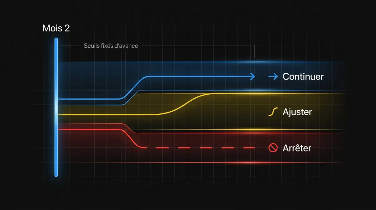 Diagramme montrant la grille du premier jalon avec trois issues, continuer, ajuster ou arrêter, selon des seuils convenus avant le début du déploiement