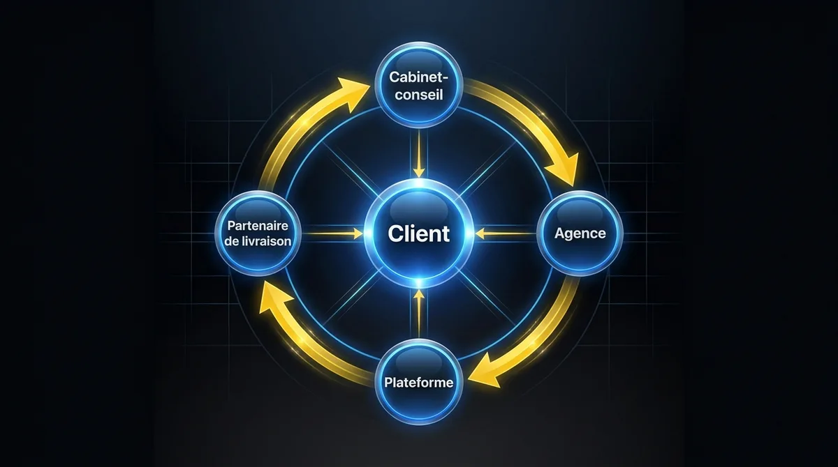 Diagramme montrant l’échange de valeur dans un écosystème de livraison IA : ce que le cabinet-conseil, l’agence, la plateforme et le partenaire de livraison cèdent et gagnent