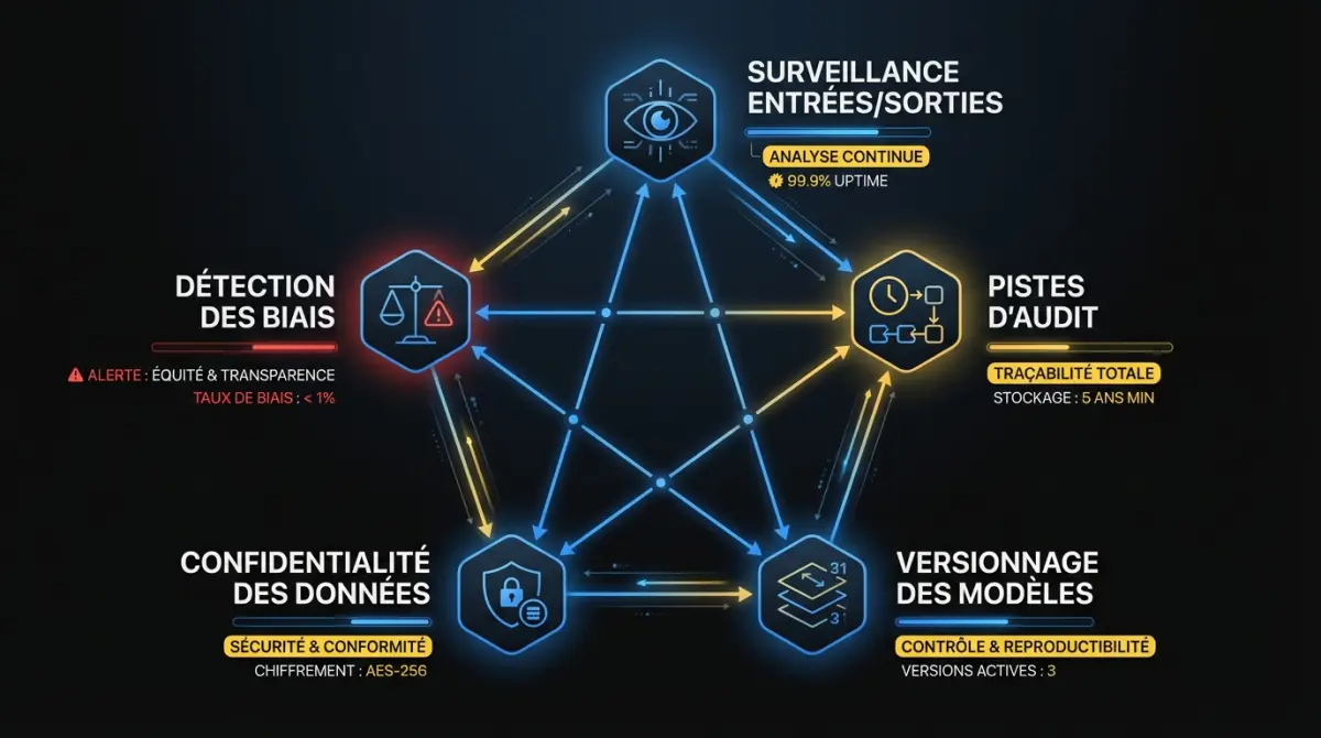 Cadre de gouvernance IA montrant cinq piliers fondamentaux : surveillance des entrées/sorties, détection des biais, pistes d’audit, confidentialité des données et versionnage des modèles