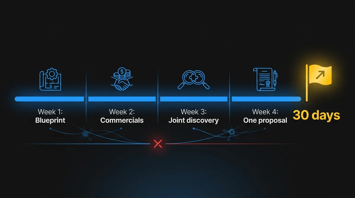 30-day first activation timeline: week 1 blueprint session, week 2 commercials, week 3 joint discovery, week 4 single proposal