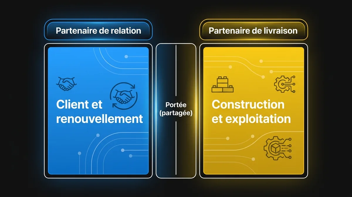 Diagramme montrant la répartition des responsabilités entre le partenaire de relation, responsable de la relation client, de l’adoption et du renouvellement, et le partenaire de livraison, responsable de l’architecture, de la construction et de la production, avec la portée partagée au centre