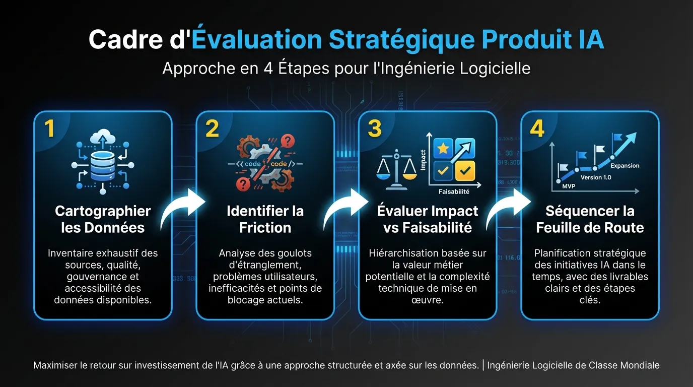 Le cadre d’évaluation de stratégie produit IA en quatre étapes : cartographier les données, identifier les workflows à friction, noter par faisabilité et impact, séquencer la feuille de route