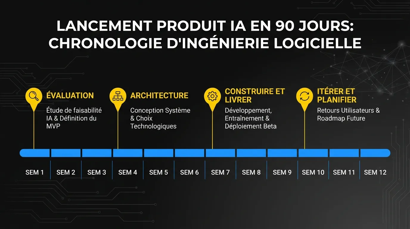 Le calendrier de 90 jours pour livrer votre première fonctionnalité produit IA, de l’évaluation à l’architecture, la construction et l’itération