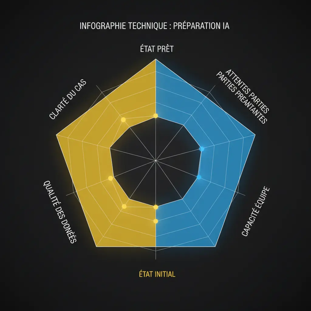 Cinq dimensions de préparation IA visualisées sous forme de diagramme radar : clarté du cas d’usage, qualité des données, architecture, capacité de l’équipe et attentes des parties prenantes