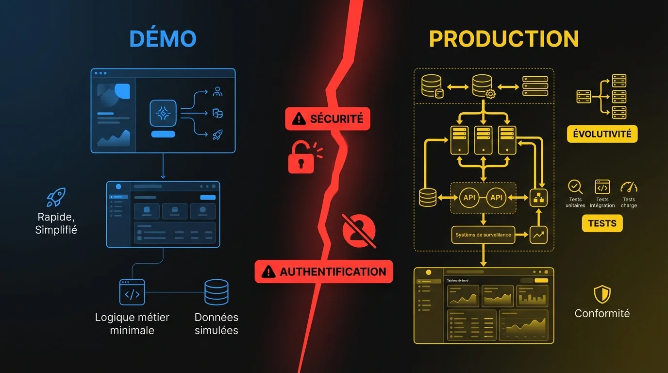 Représentation visuelle de l’écart entre les prototypes de démo et les exigences logicielles de qualité production