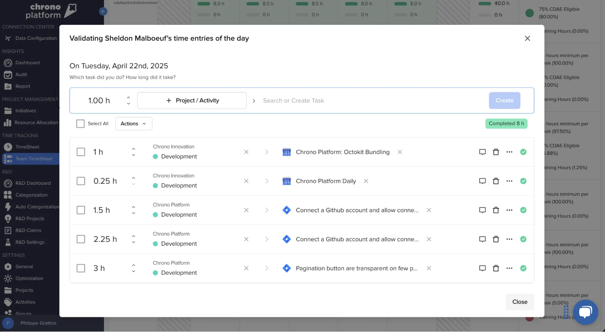 Timesheet validation screen showing daily project activity logs