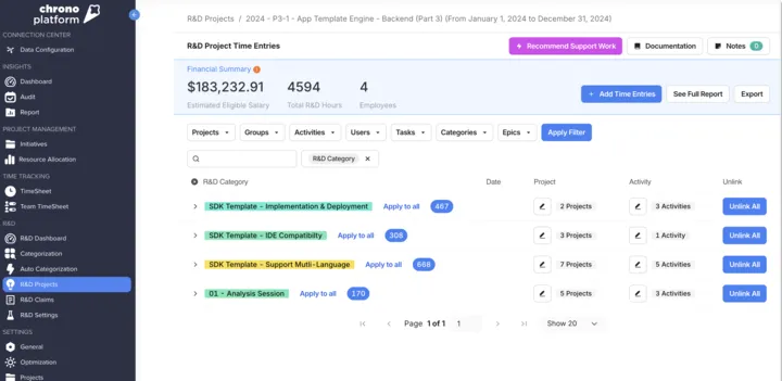 R&D project time entry management tools