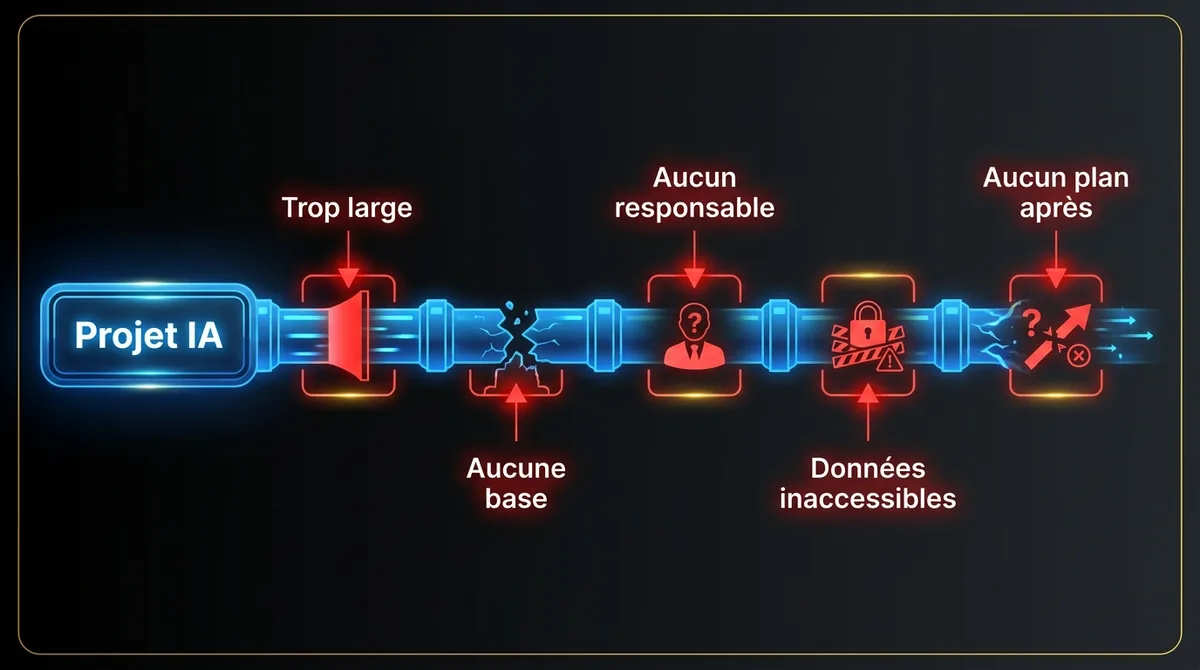 Diagramme montrant cinq raisons pour lesquelles les projets d’IA des PME calent : problème trop large, aucune base de référence, aucun responsable, données inaccessibles, aucun plan après le pilote