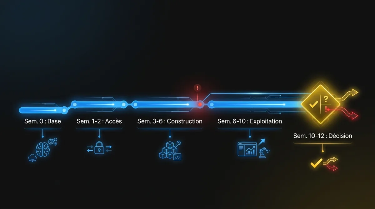 Diagramme montrant la chronologie d’un pilote d’IA de 6 à 12 semaines : base de référence à la semaine 0, accès et spécification aux semaines 1-2, construction aux semaines 3-6, exploitation avec une équipe aux semaines 6-10, mesure et décision aux semaines 10-12