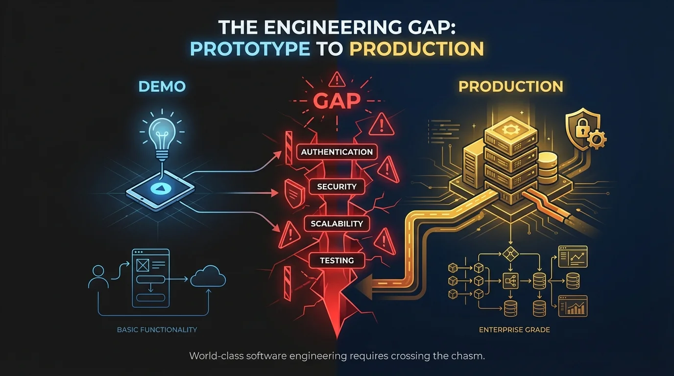 Visual representation of the gap between demo prototypes and production-grade software requirements