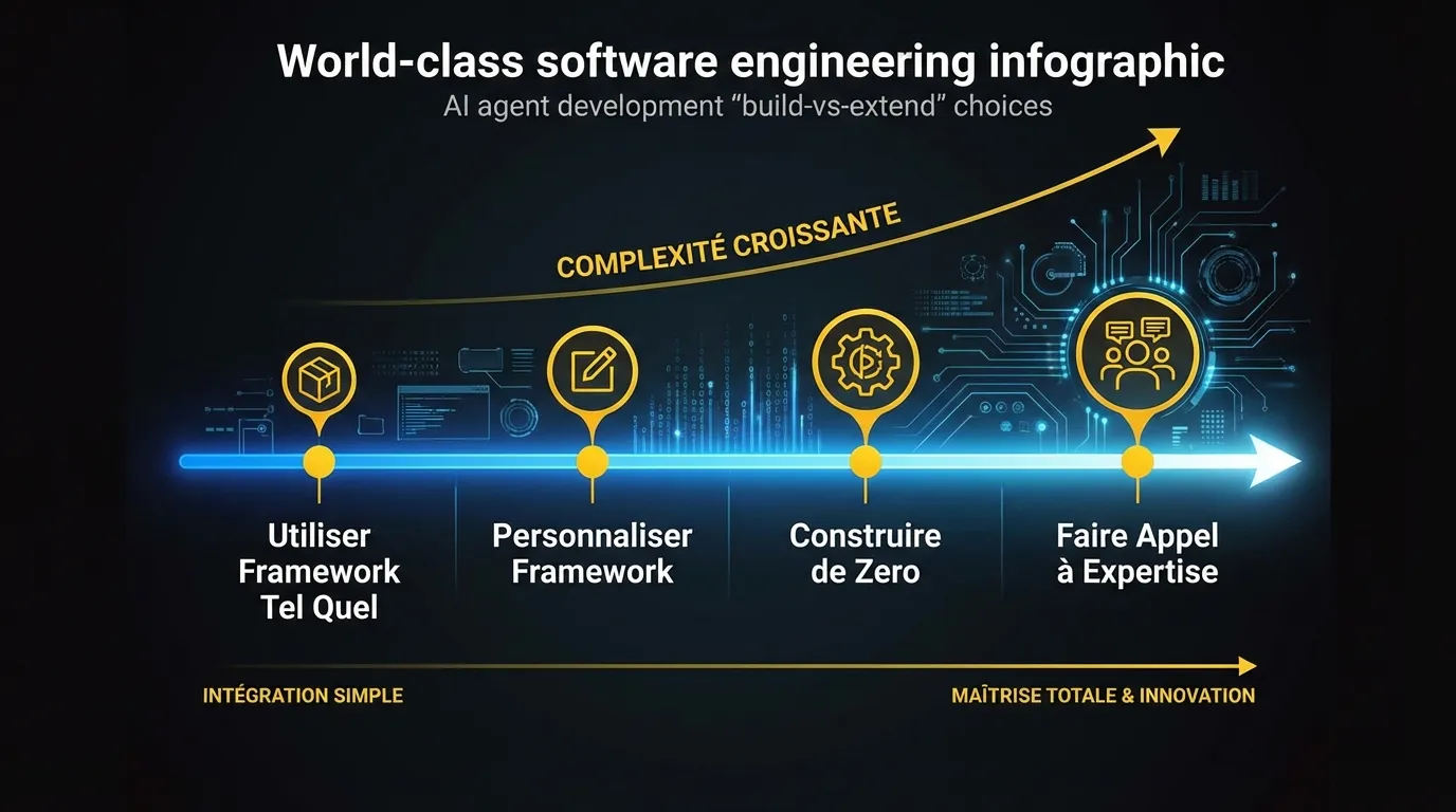 Le spectre construire-vs-étendre pour le développement d’agents IA, de l’utilisation des frameworks tels quels jusqu’à la construction from scratch