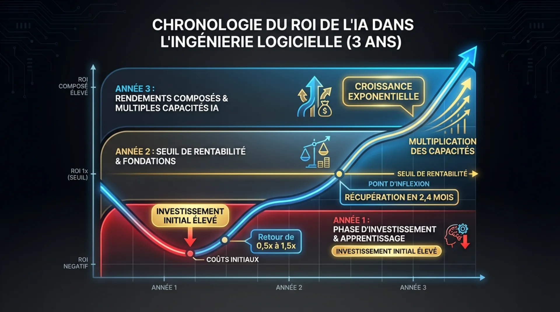Chronologie du ROI montrant la récupération de l’investissement à 2,4 mois et les rendements composés sur 3 ans