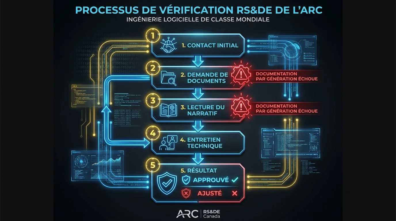 Organigramme du processus de vérification RS&DE de l’ARC en cinq étapes : contact initial, demande de documents, lecture du narratif, entretien technique, résultat final