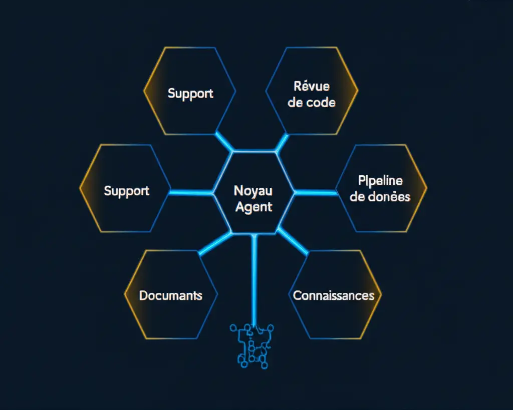 Diagramme d’architecture montrant comment les agents IA gèrent différents flux de production dans six catégories