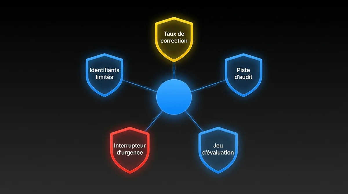 Diagramme montrant les cinq contrôles de production d’un premier agent IA : identifiants limités, piste d’audit, jeu d’évaluation, interrupteur d’urgence et suivi du taux de correction