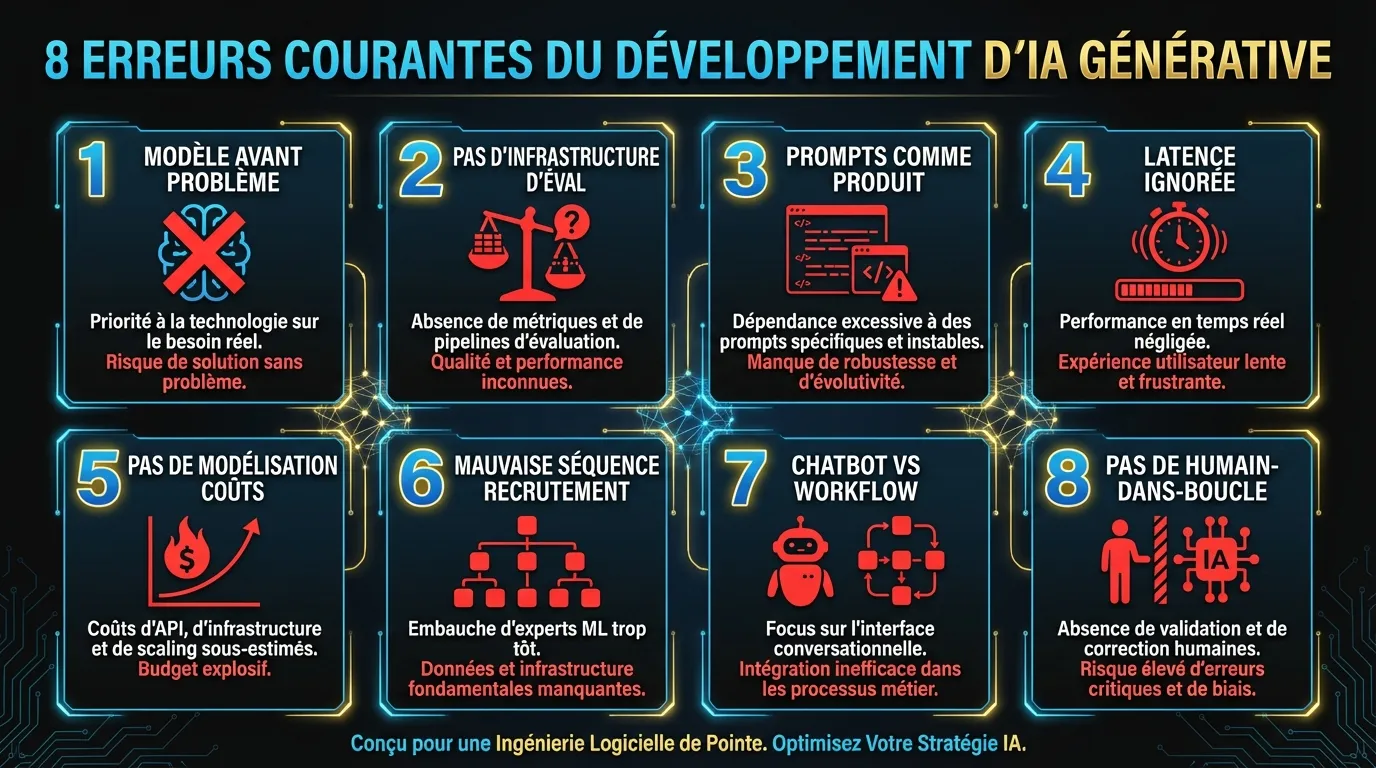 Les huit erreurs les plus courantes dans le développement d’IA générative, organisées par phase : architecture, infrastructure et déploiement