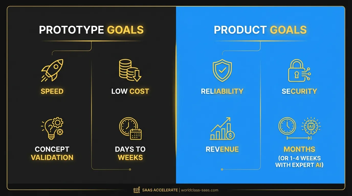Split diagram showing prototype goals (speed, cost, concept validation) versus shippable product goals (reliability, security, revenue generation)