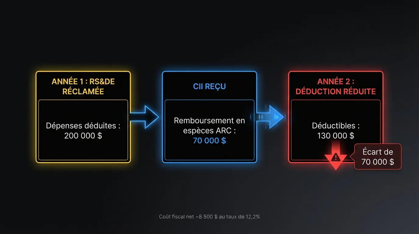 Organigramme montrant comment une réclamation RS&DE de 200 000 $ génère un remboursement CII de 70 000 $ qui réduit les dépenses déductibles de l’année suivante à 130 000 $