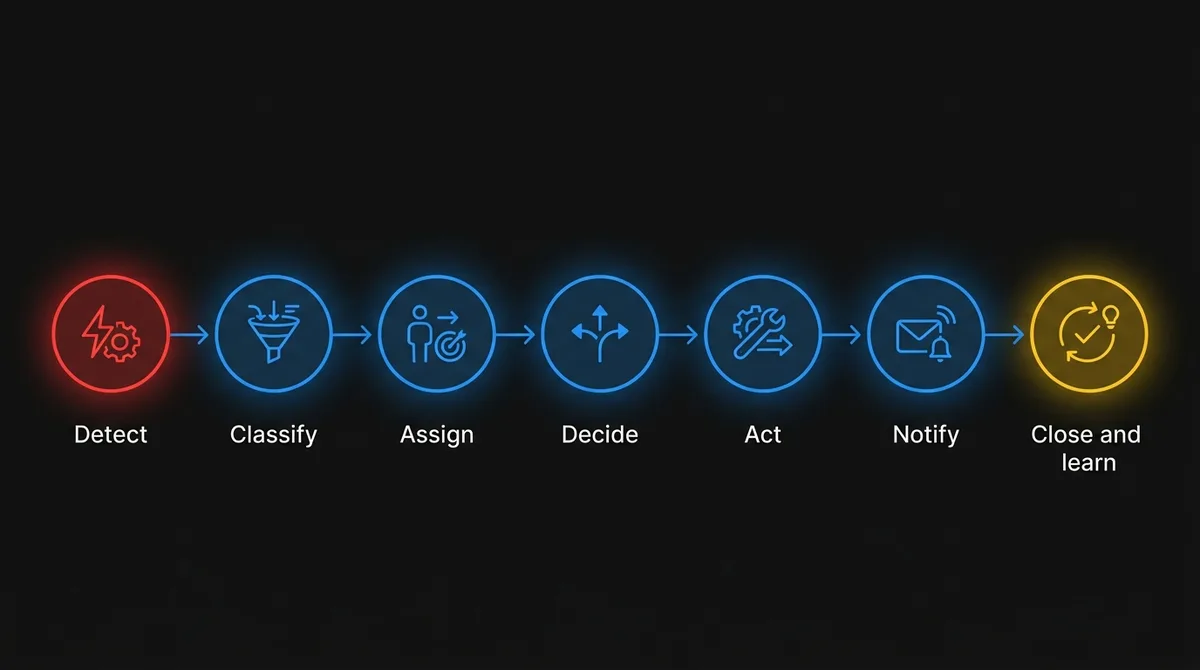 The seven stages of a logistics exception journey: detect, classify, assign, decide, act, notify, and close and learn