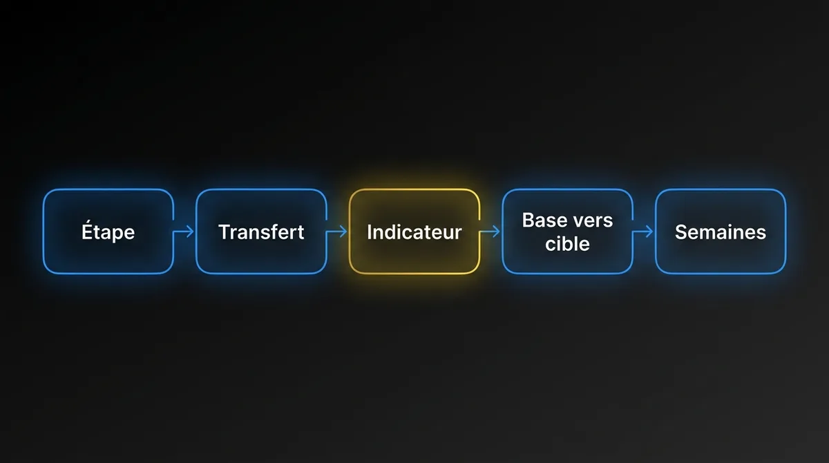 Diagramme montrant le gabarit d’une hypothèse d’automatisation en une phrase : automatiser une étape d’un transfert pour qu’un indicateur passe d’une base de référence à une cible en un nombre de semaines donné, mesuré dans un système nommé