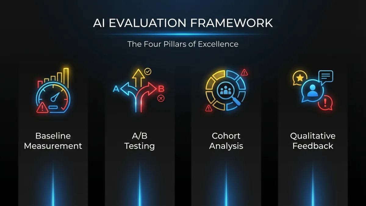 Infographic showing the four pillars of an AI evaluation framework: baseline measurement, A/B testing, cohort analysis, and qualitative feedback loops