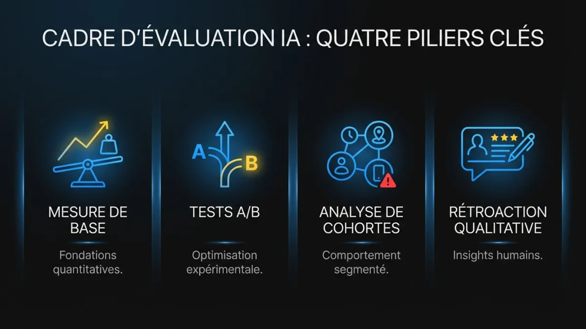 Infographie montrant les quatre piliers d’un cadre d’évaluation IA : mesure de base, tests A/B, analyse de cohortes et rétroaction qualitative