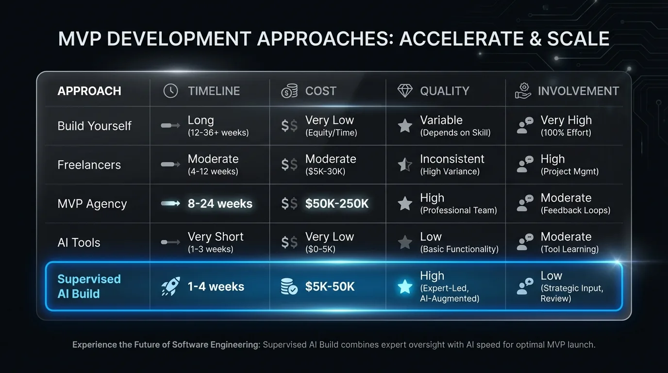 Summary comparison of 5 MVP development approaches: timeline, cost, quality, and founder involvement