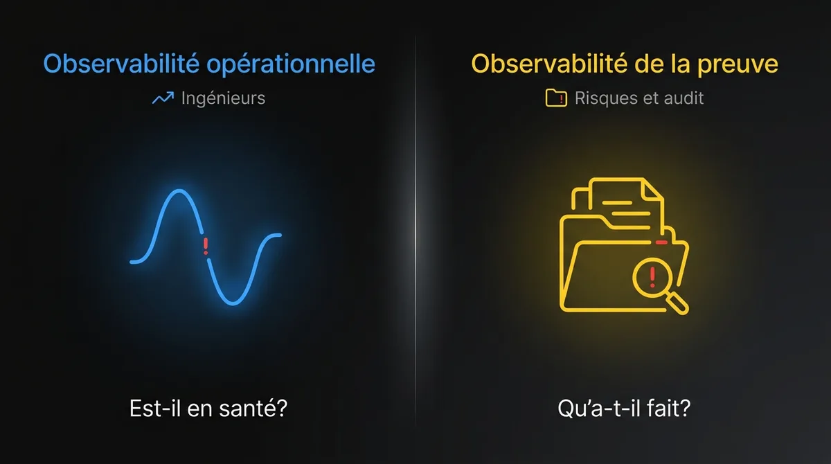 Diagramme montrant que l’observabilité opérationnelle, pour les ingénieurs, vérifie si le système est en santé, alors que l’observabilité de la preuve, pour les risques et l’audit, montre ce que le système a fait pour chaque décision