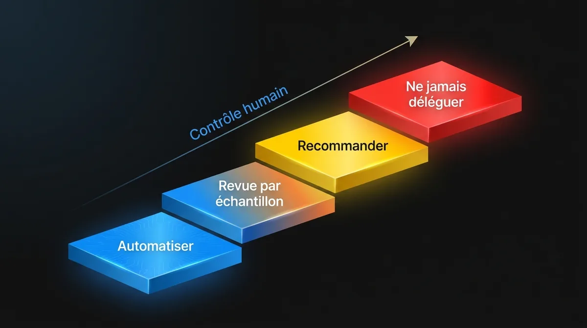 Diagramme montrant les quatre paliers des droits de décision en IA : automatiser, automatiser avec revue par échantillon, recommander et ne jamais déléguer