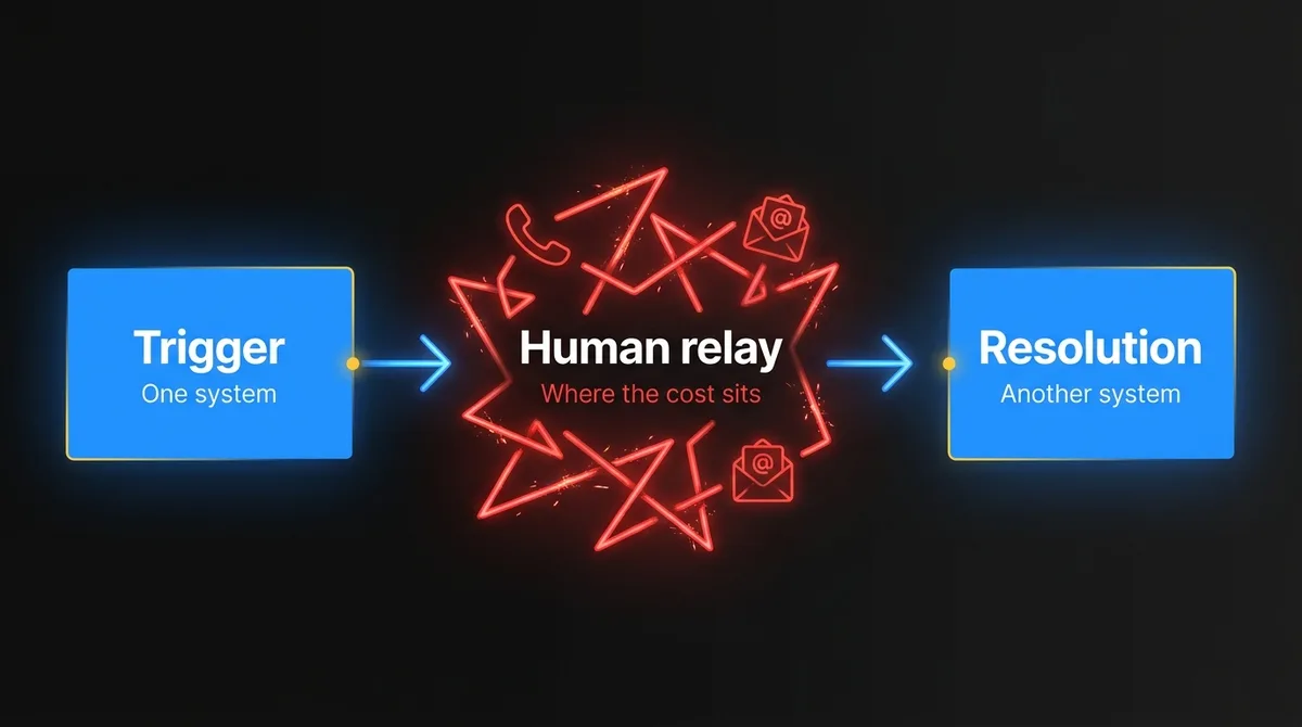 Diagram of a retail friction: a trigger in one system, a manual human relay between teams, and a resolution in another system, with the relay marked as where the cost sits