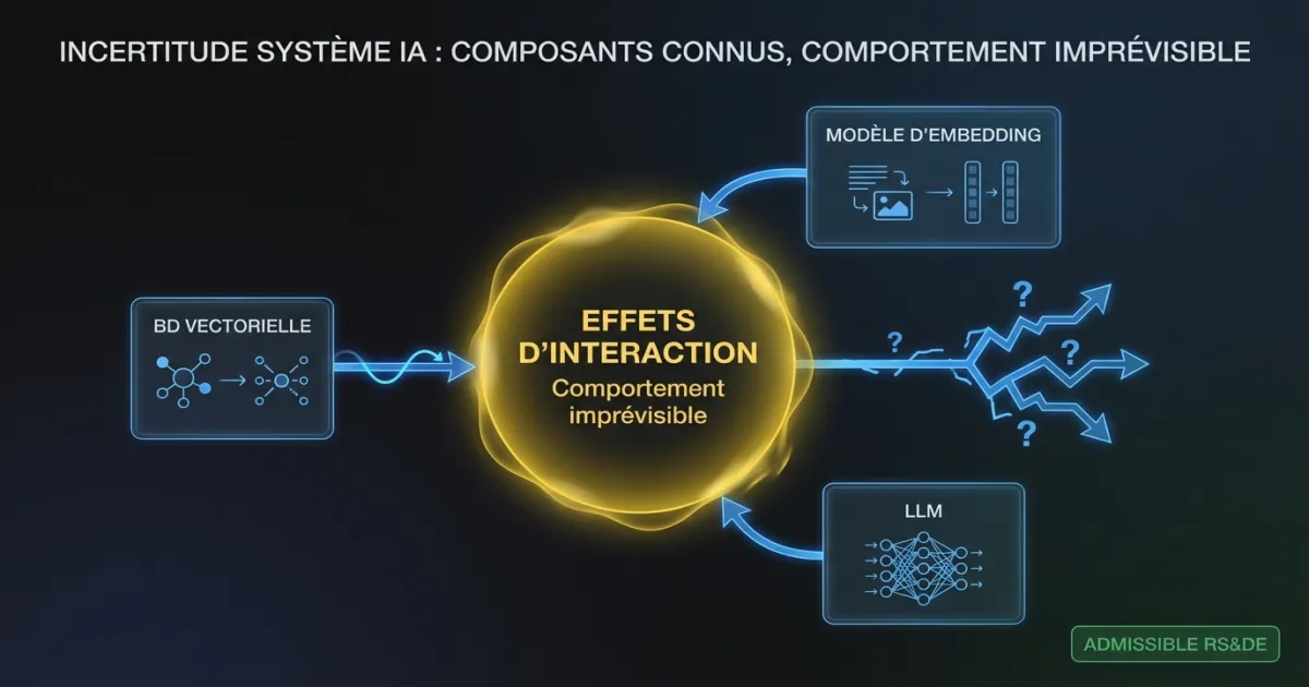 Diagramme de l’incertitude au niveau système où des composants IA connus interagissent pour produire un comportement imprévisible