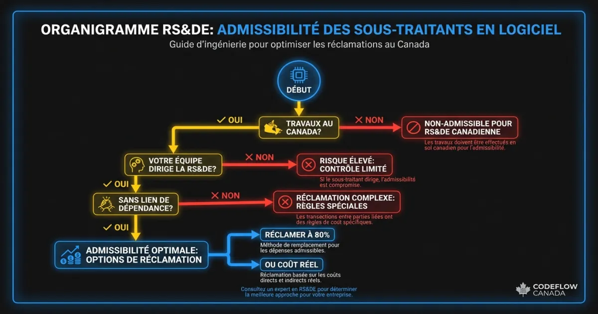 Organigramme de décision pour déterminer l’admissibilité RS&DE des travaux de sous-traitants selon l’emplacement et le contrôle