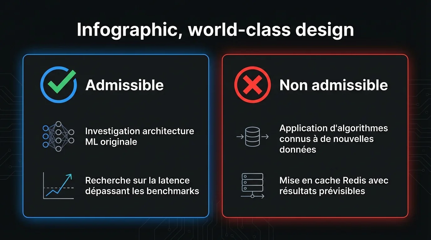 Travaux RS&DE admissibles vs non admissibles : l’investigation d’architecture ML originale et la recherche sur la latence sont admissibles; l’application d’algorithmes connus et la mise en cache Redis ne le sont pas