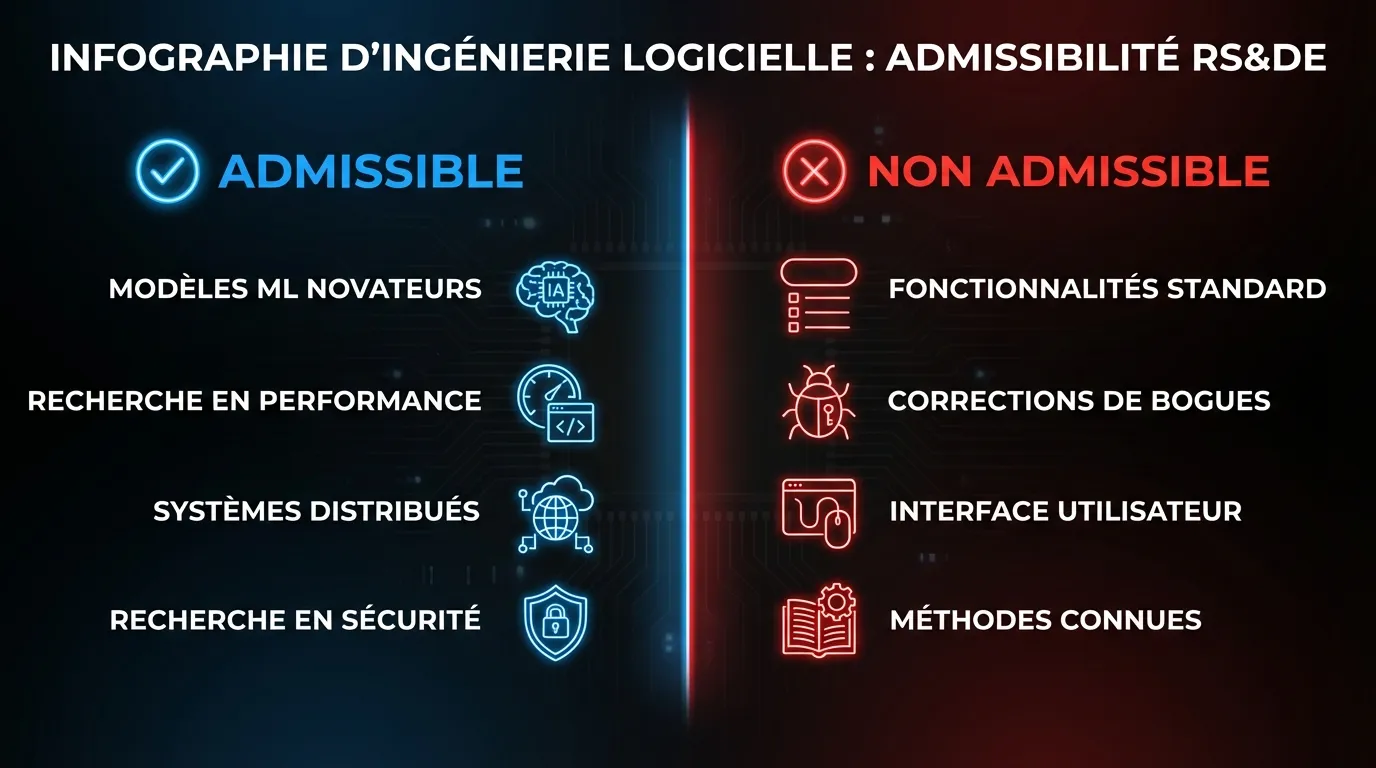 Spectre d’admissibilité RS&DE pour les équipes de développement logiciel : travaux admissibles à gauche (modèles ML novateurs, systèmes distribués, recherche en performance, recherche en sécurité) versus travaux non admissibles à droite (fonctionnalités standard, corrections de bogues, interface utilisateur, méthodes connues)