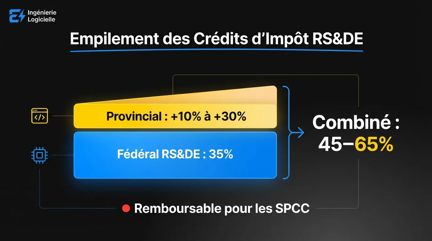 Empilement des crédits RS&DE fédéraux et provinciaux : 35 % fédéral + 10 à 30 % provincial = récupération combinée de 40 à 65 %