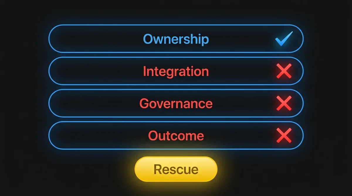 Example triage of a questionnaire drafting pilot: ownership passed, integration, governance and outcome failed, recommendation rescue