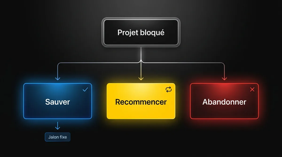 Diagramme montrant le guide de décision pour un projet pilote IA bloqué : sauver, recommencer ou abandonner