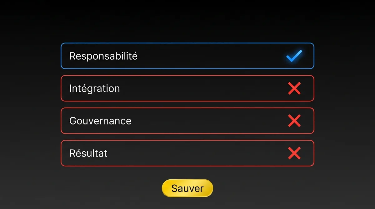 Diagramme montrant le triage d’un projet pilote de rédaction de questionnaires : responsabilité franchie, intégration, gouvernance et résultat échouées, recommandation de sauvetage
