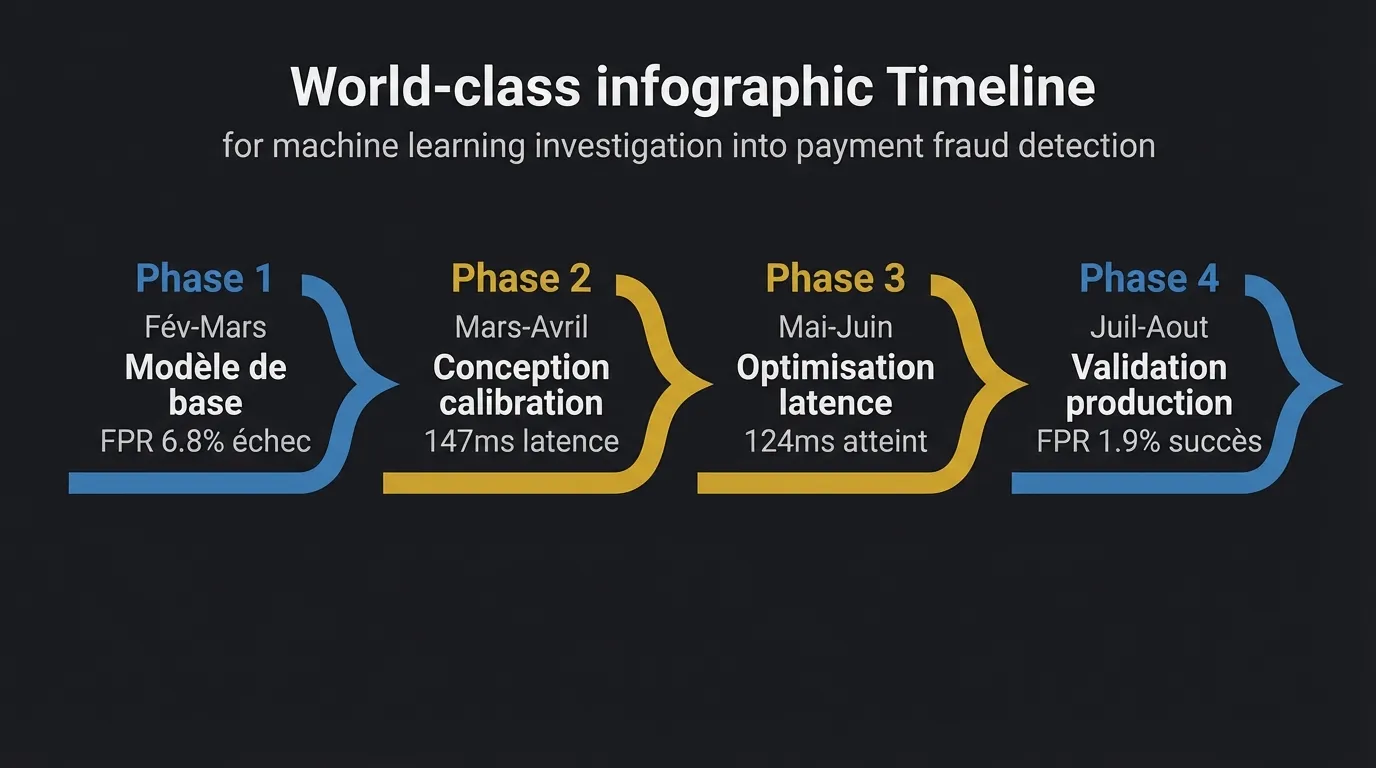 Chronologie d’investigation en quatre phases de Veltro, du modèle de base à la validation en production