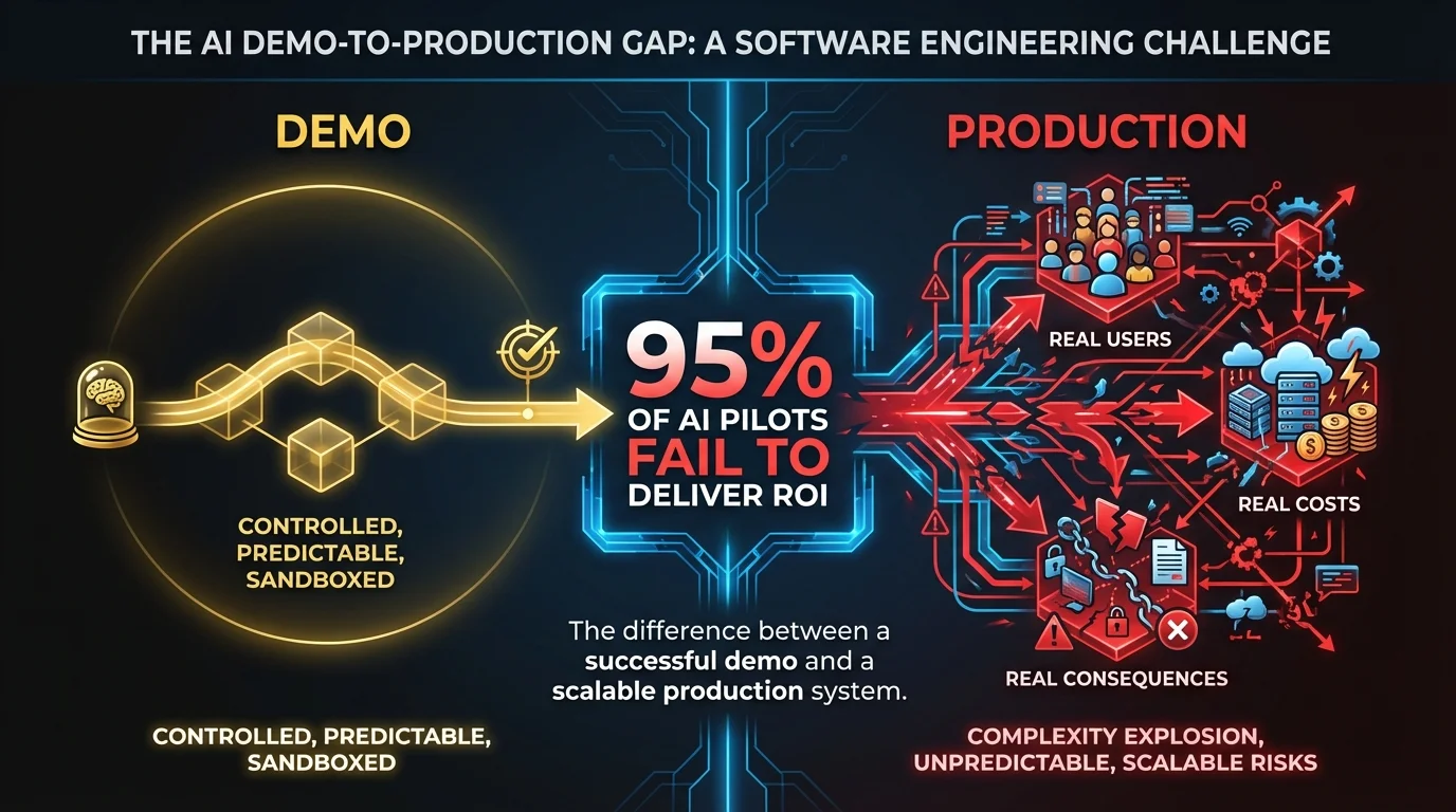 The demo-to-production gap: 95% of AI pilots fail to deliver ROI — demo is controlled and predictable, production is complex and costly